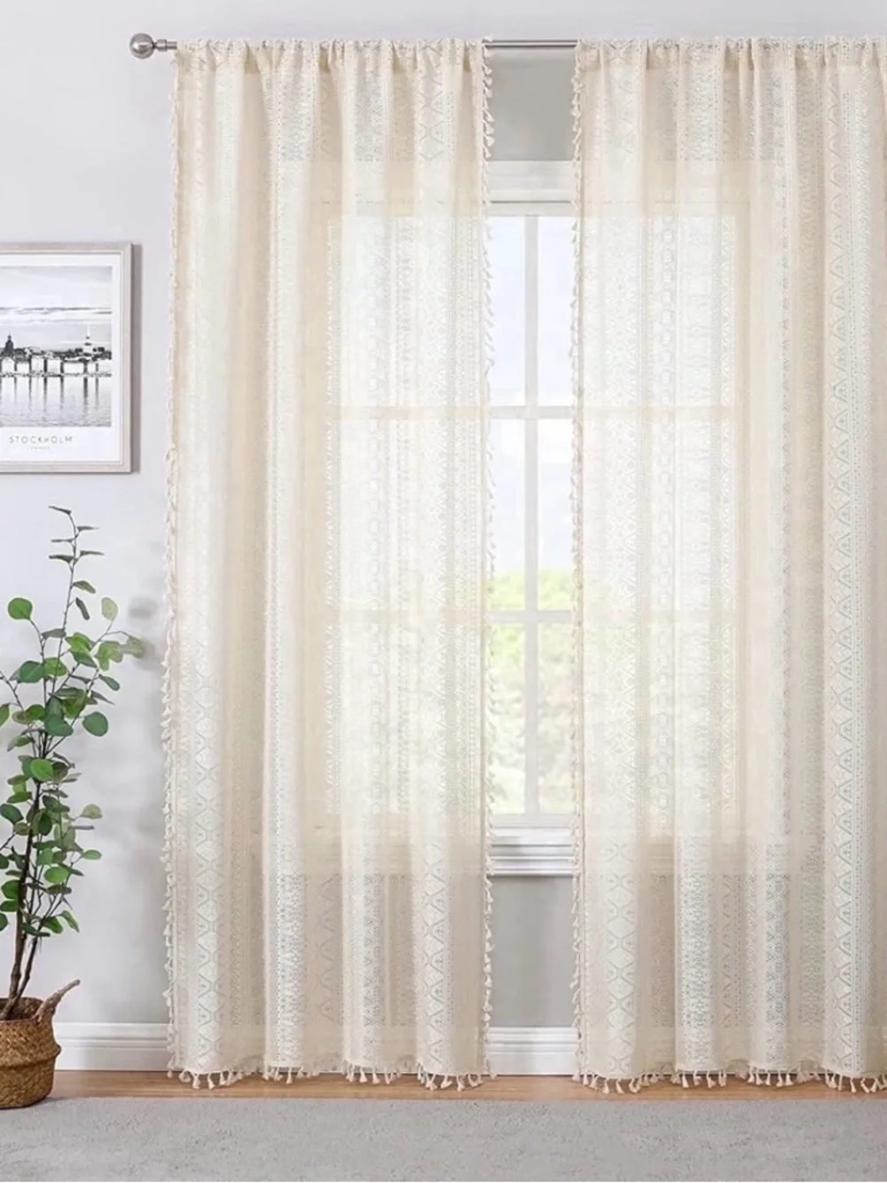 BohoSheer Linen Tassel Lace Curtain Panels - Beige